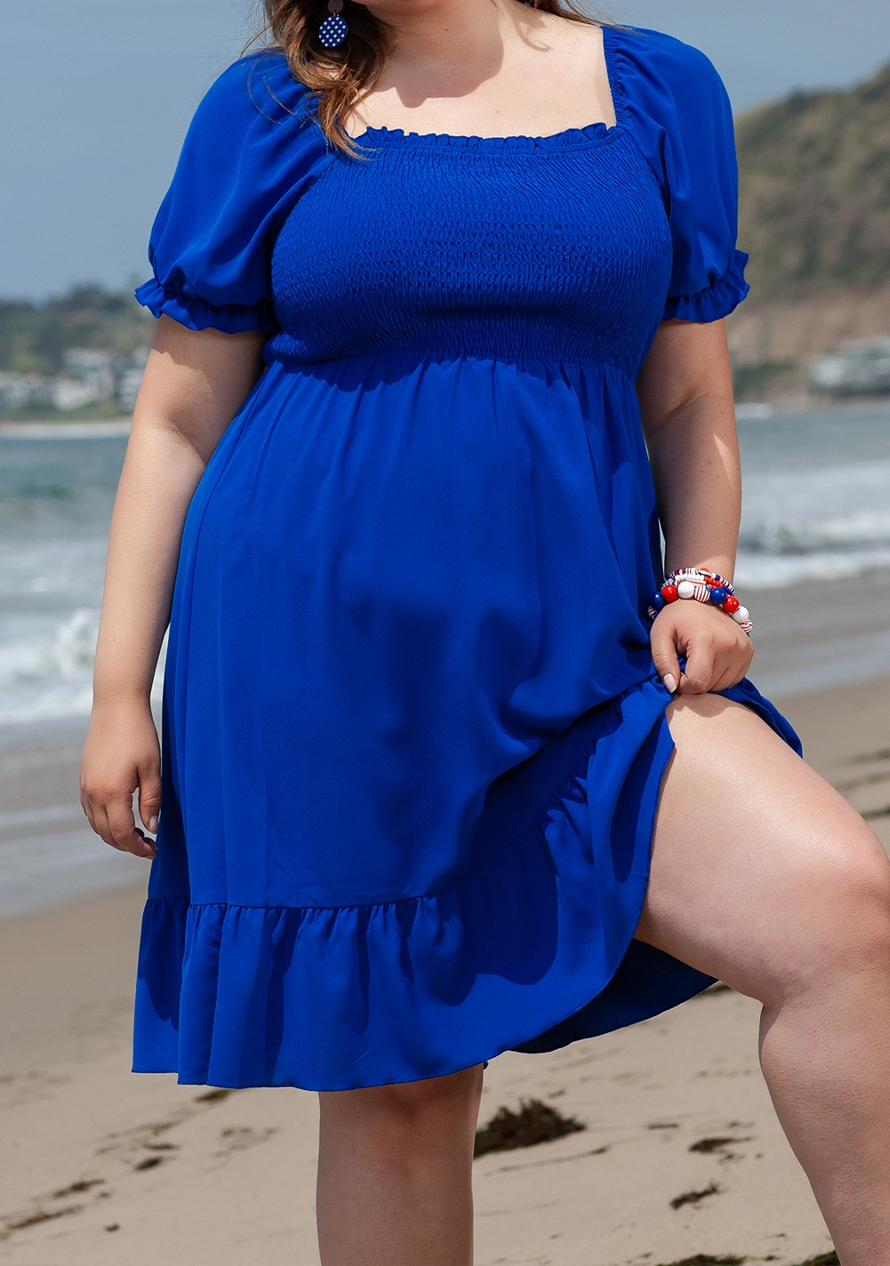 Dark Blue Shirred Ruffled Square Neck Plus Size Mini Dress