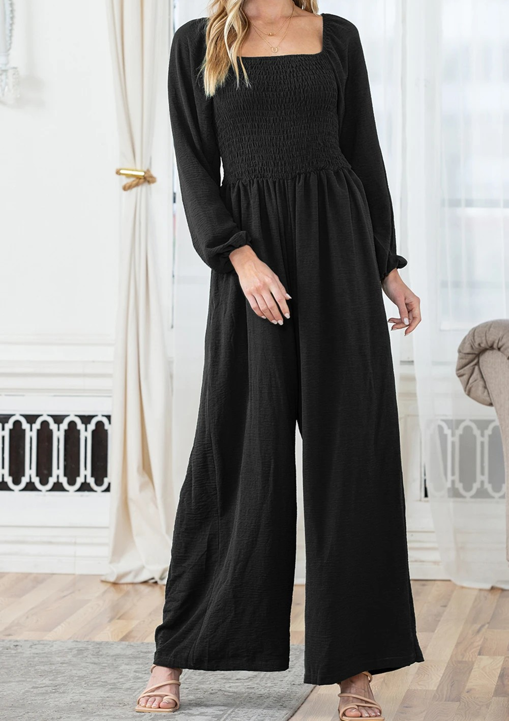 Black Smocked Square Neck Long Sleeve Wide Leg Jumpsuit