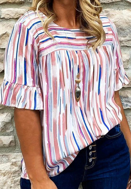 White Stripe Ruffled Short Sleeve Plus Size Blouse