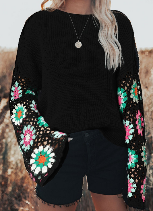 Black Floral Crochet Bell Sleeve Loose Sweater