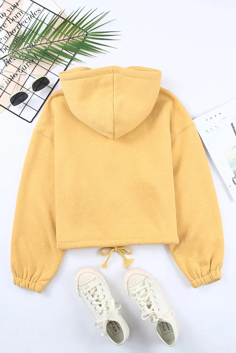 Yellow Zip Closure Drawstring Cinched Cropped Hoodie