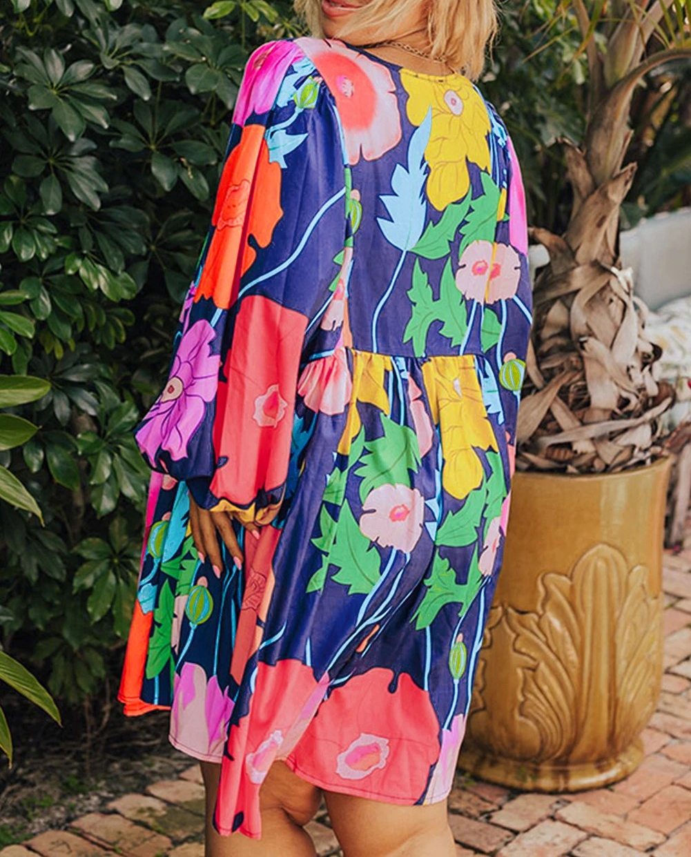 Colorful Floral V Neck Balloon Sleeve Plus Size Babydoll Dress