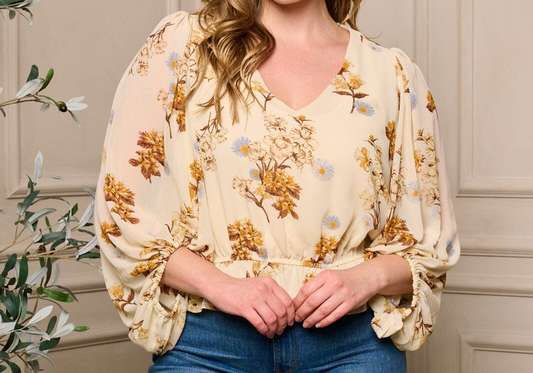 PLUS SIZE 3/4 SLEEVE V-NECK FLORAL PEPLUM BLOUSE TOP