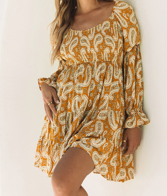 Yellow Boho Paisley Long Sleeve Floral Dress