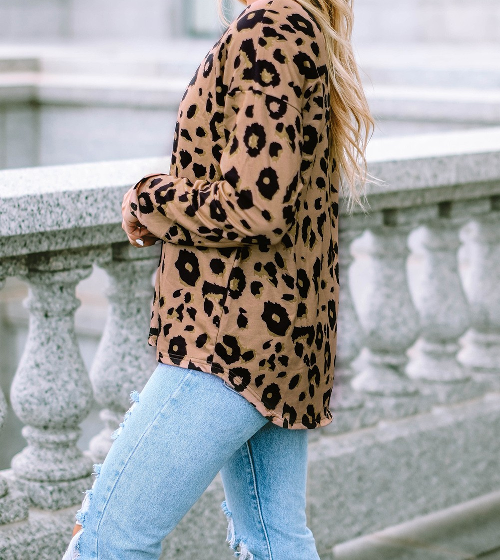 Leopard Split Joint V Neck Long Sleeve Top