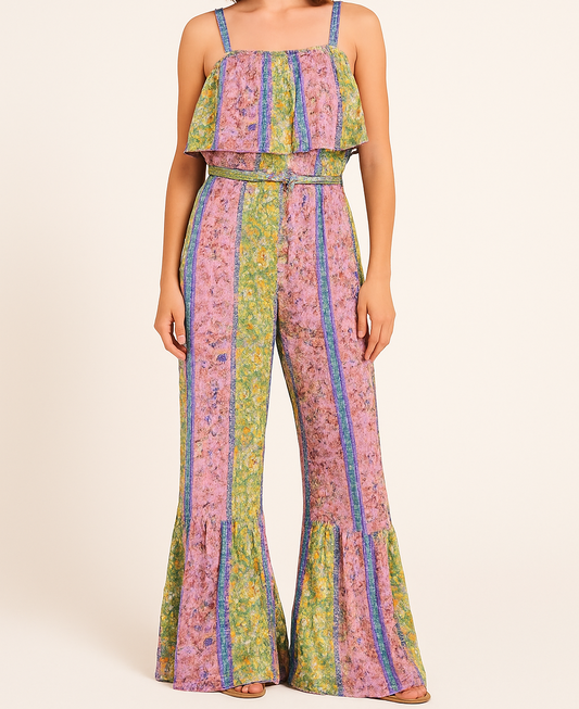 Boho Garden Stripe Ruffle Jumpsuit