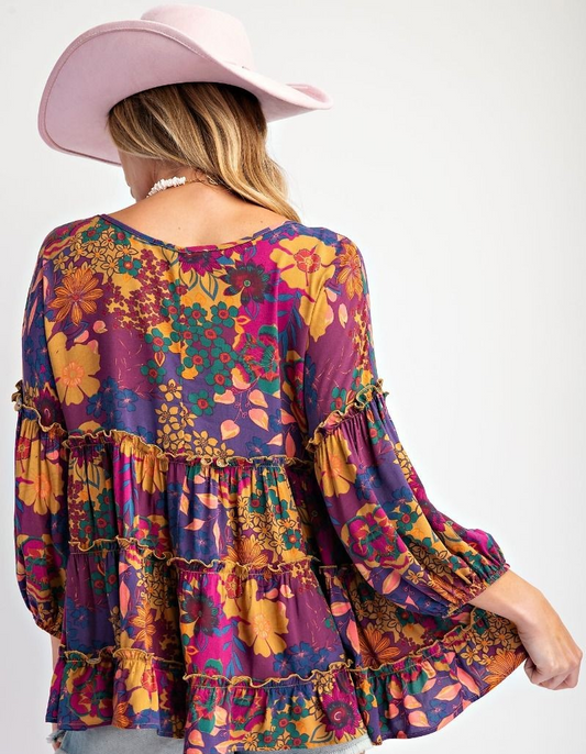 PRINTED RAYON CHALLIS RUFFLED BABYDOLL