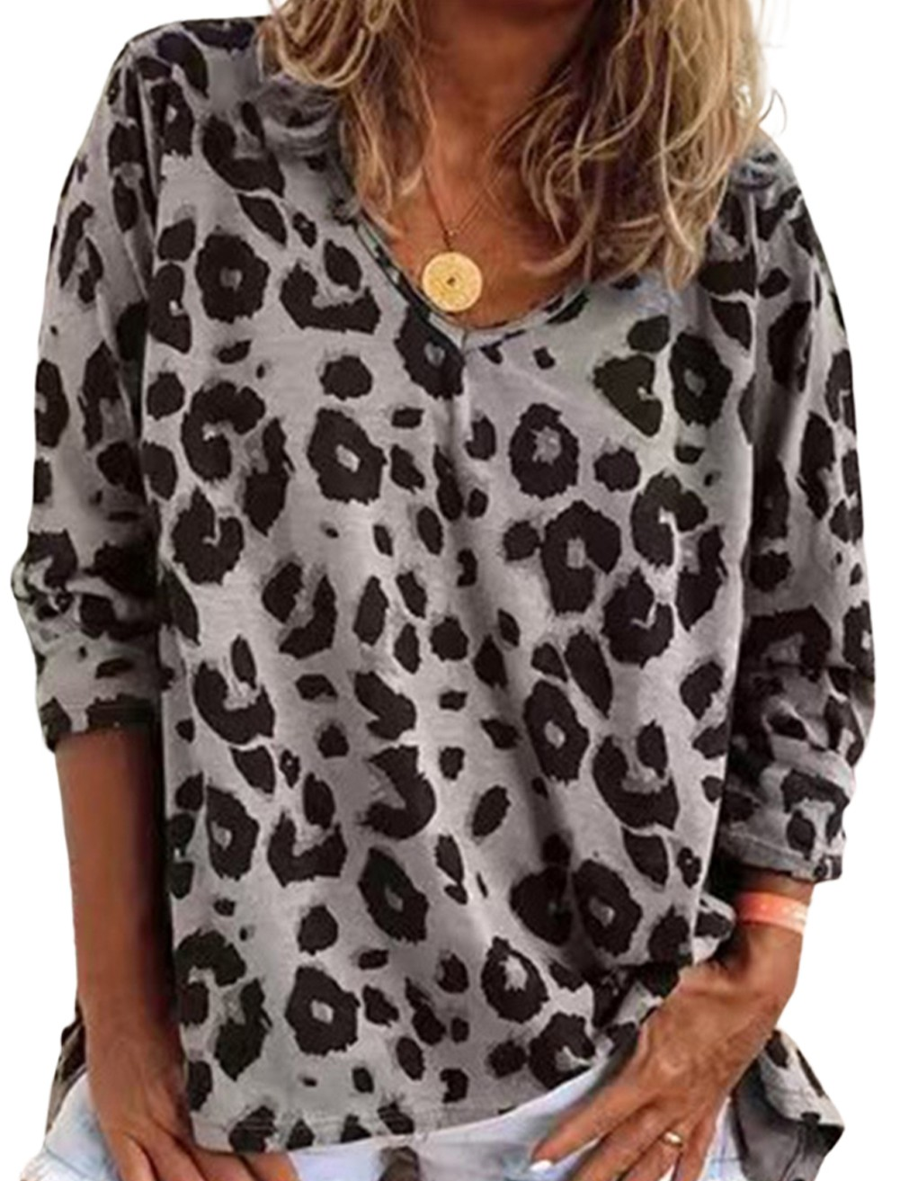 Leopard Split Joint V Neck Long Sleeve Top