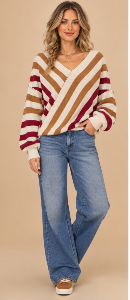 Asymmetrical Diagonal Stripe Surplice Knit Sweater