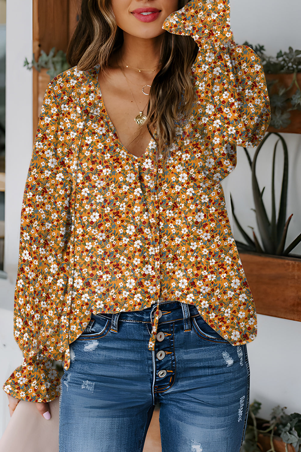 Orange Boho Floral Ruffle Sleeve Blouse