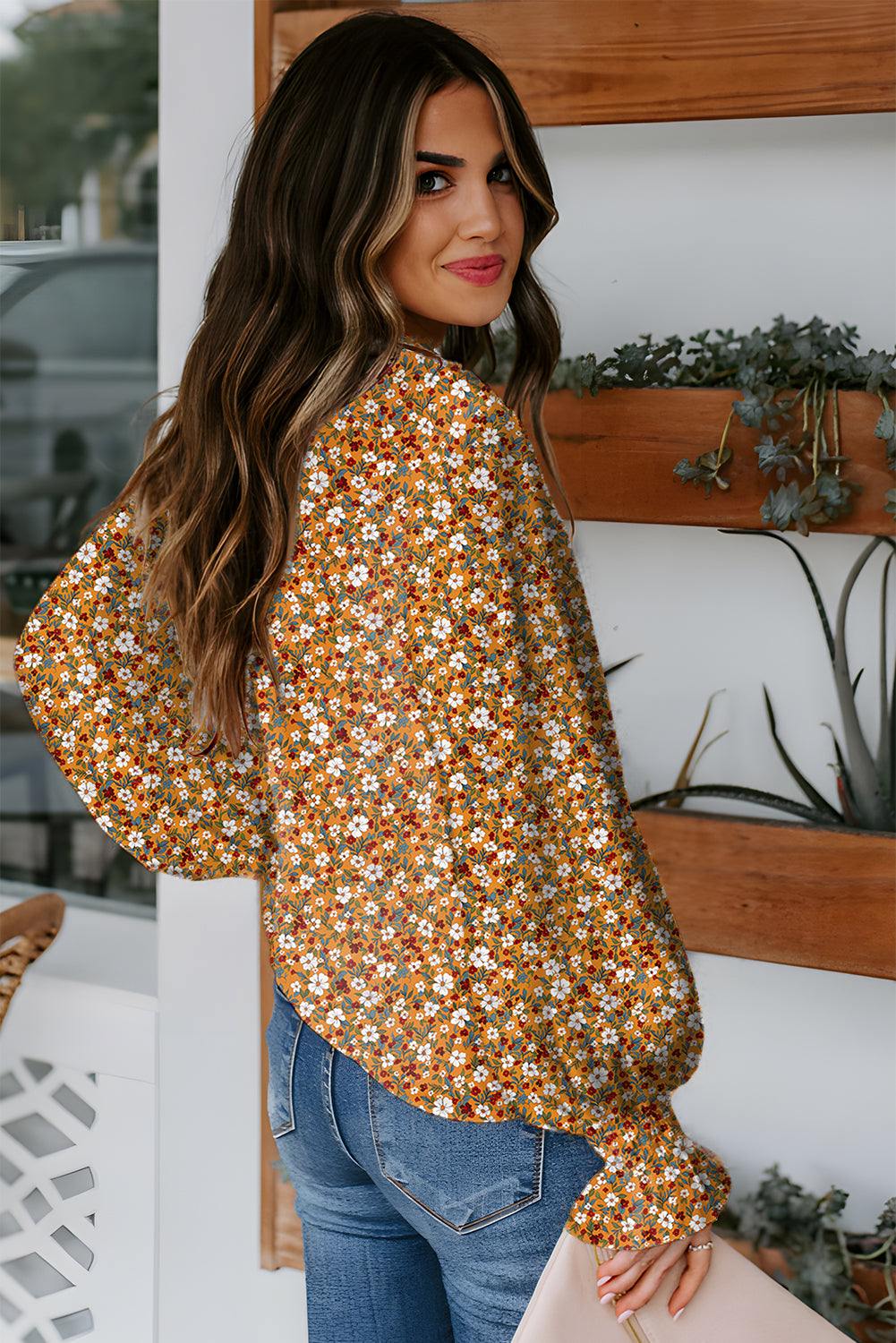 Orange Boho Floral Ruffle Sleeve Blouse