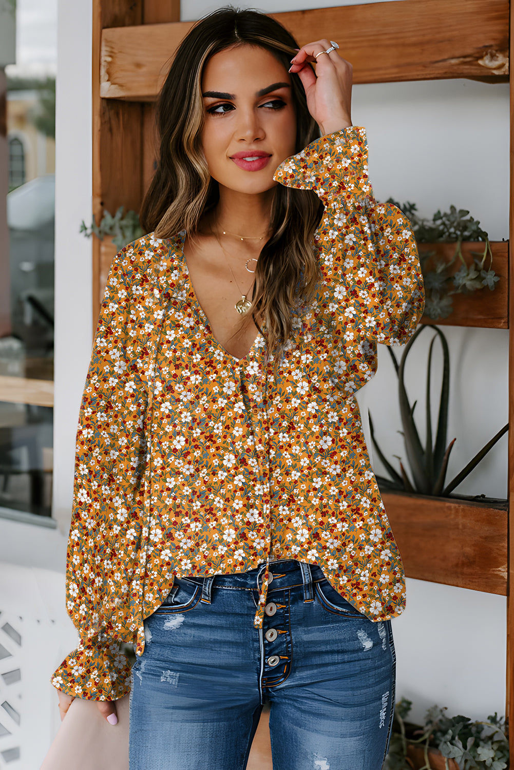 Orange Boho Floral Ruffle Sleeve Blouse