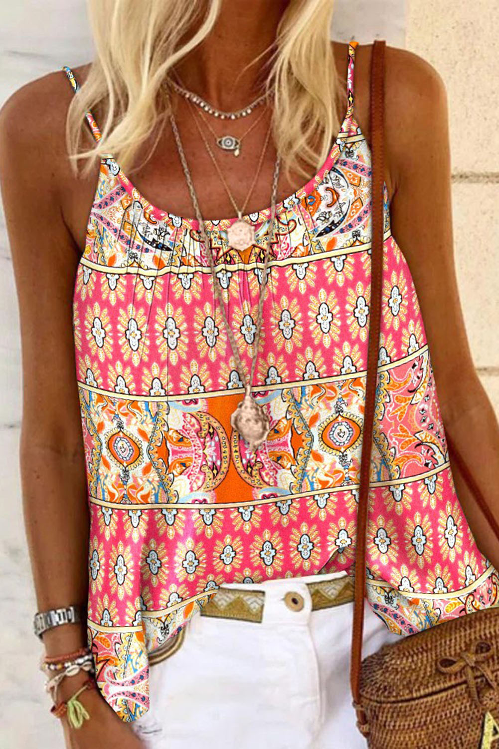 Red Bohemian Print Spaghetti Strap Flowy Top