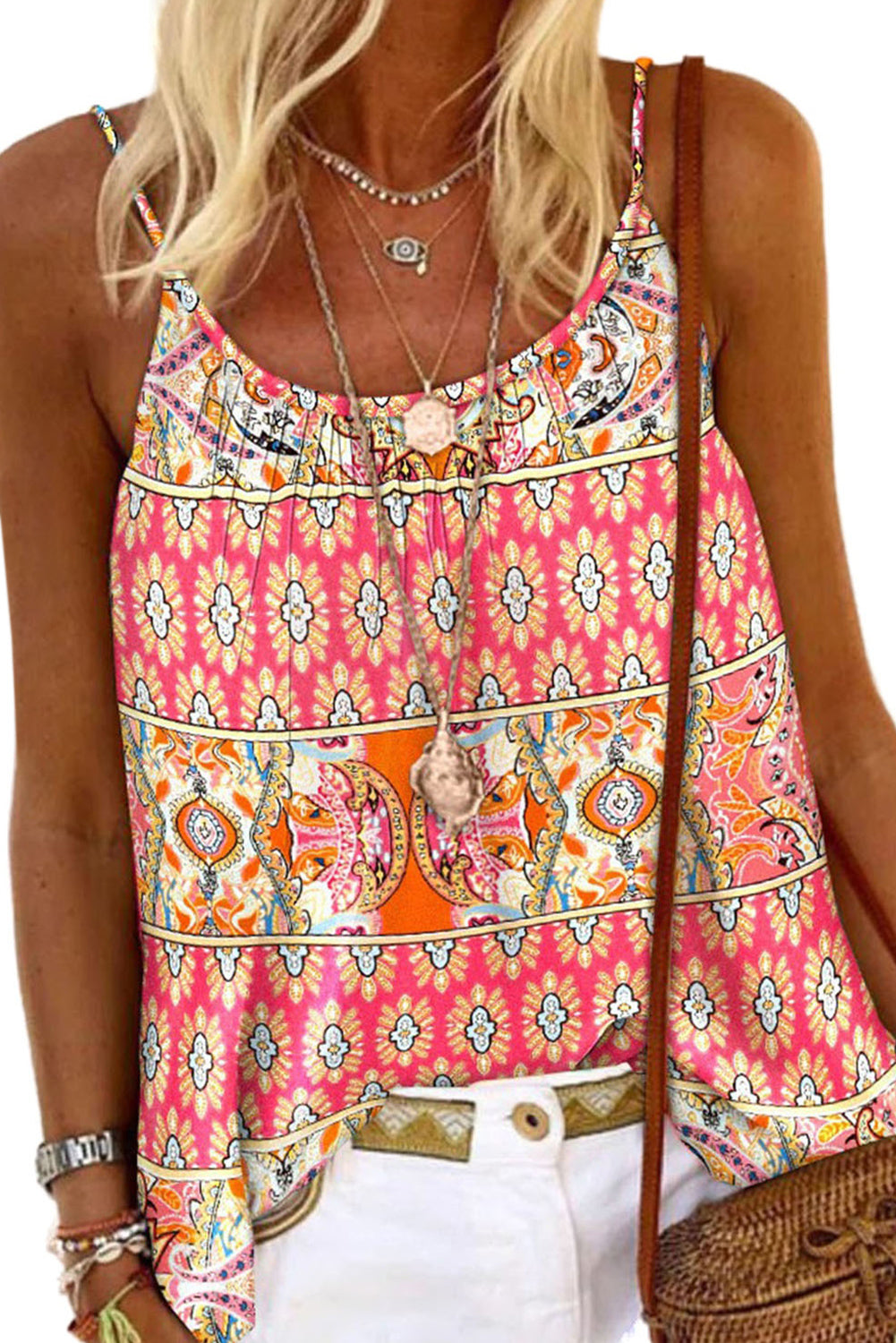 Red Bohemian Print Spaghetti Strap Flowy Top