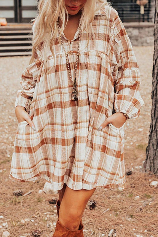 Brown Plaid Frill Babydoll Mini Dress