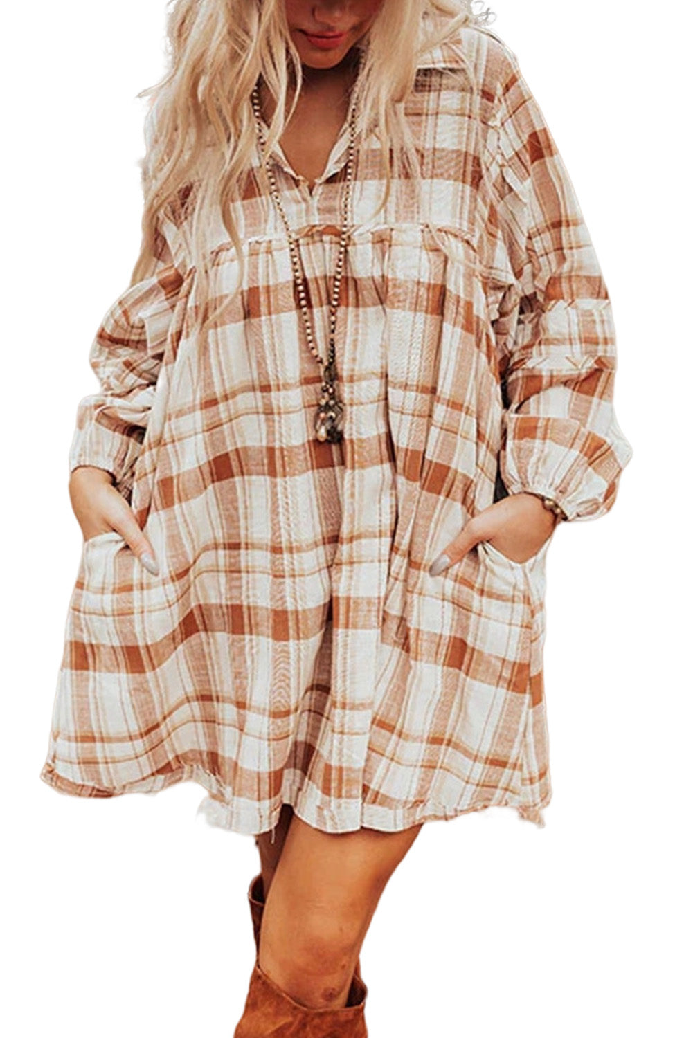 Brown Plaid Frill Babydoll Mini Dress