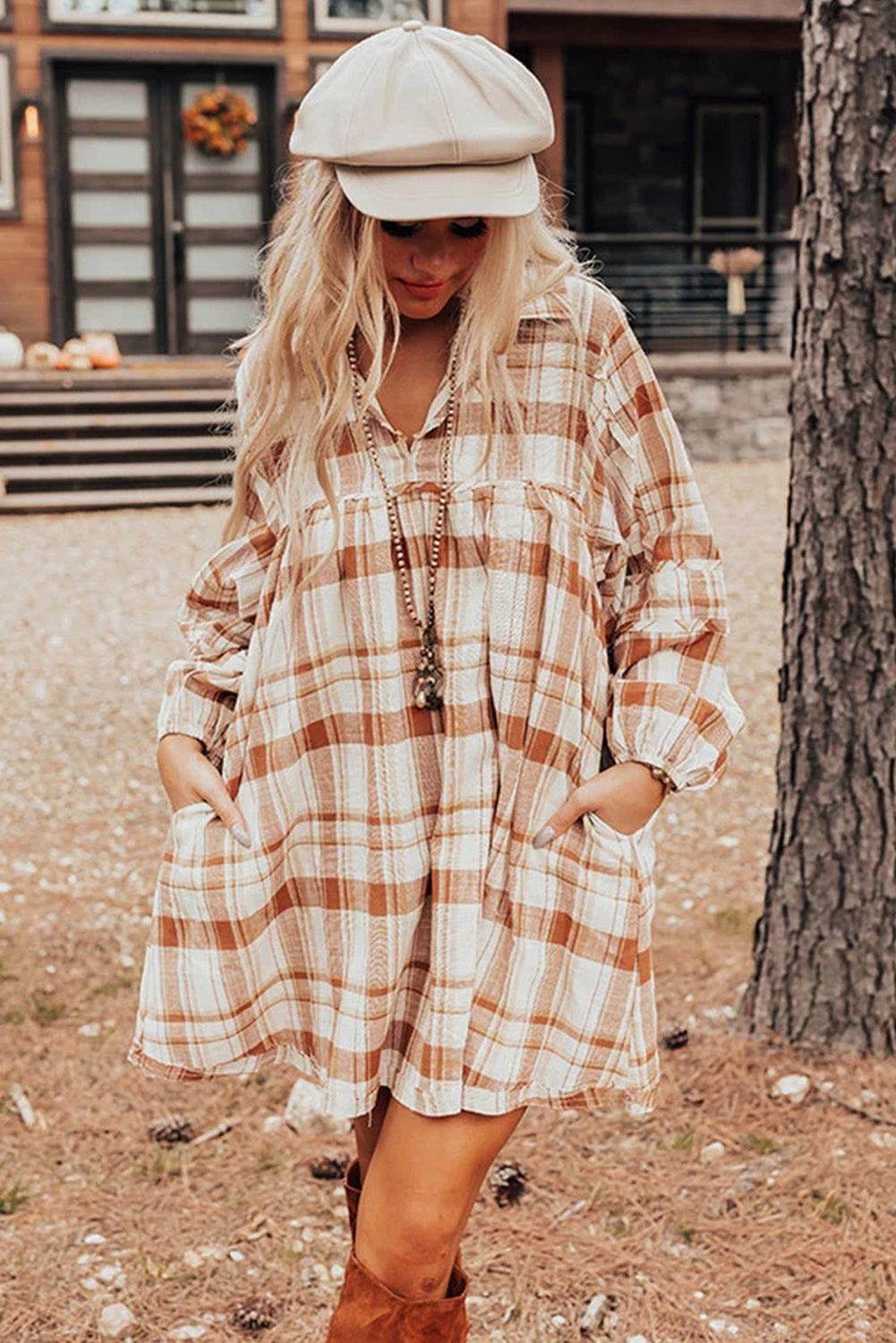 Brown Plaid Frill Babydoll Mini Dress
