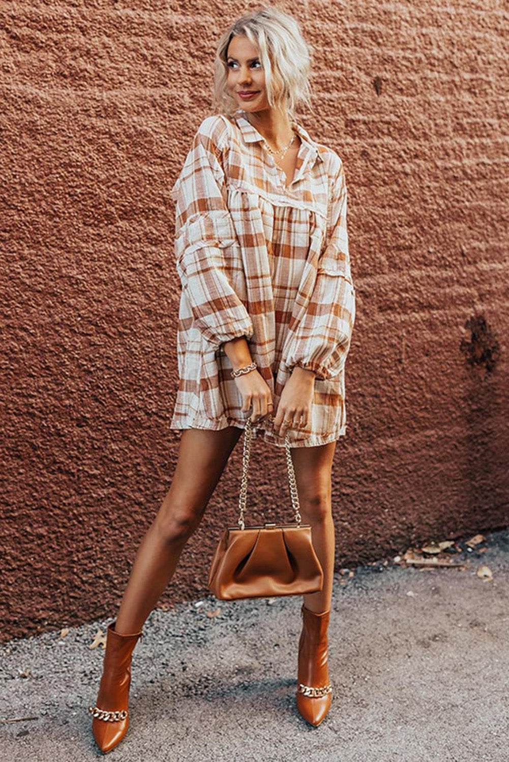 Brown Plaid Frill Babydoll Mini Dress