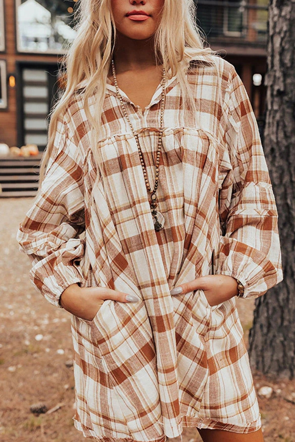 Brown Plaid Frill Babydoll Mini Dress