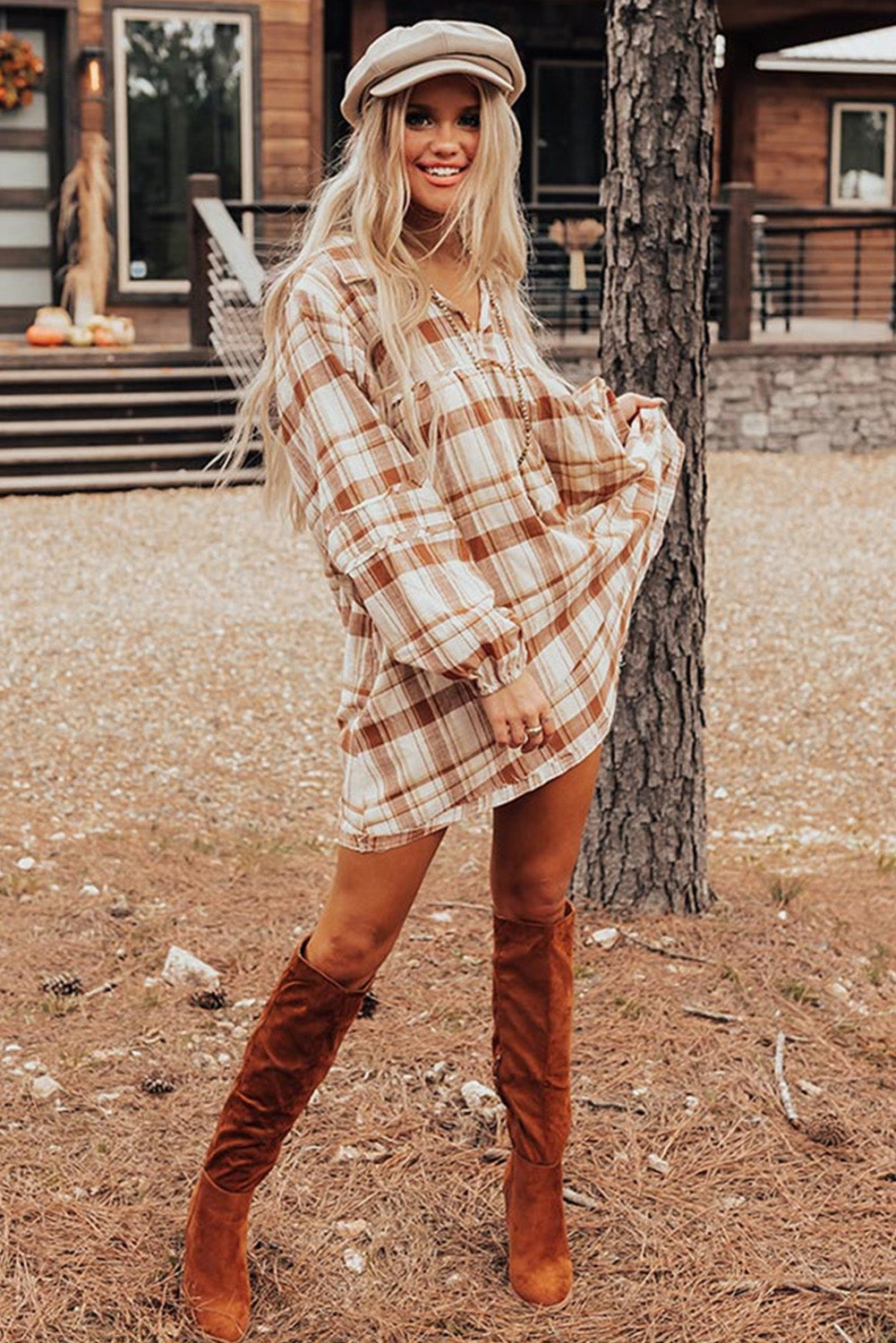 Brown Plaid Frill Babydoll Mini Dress