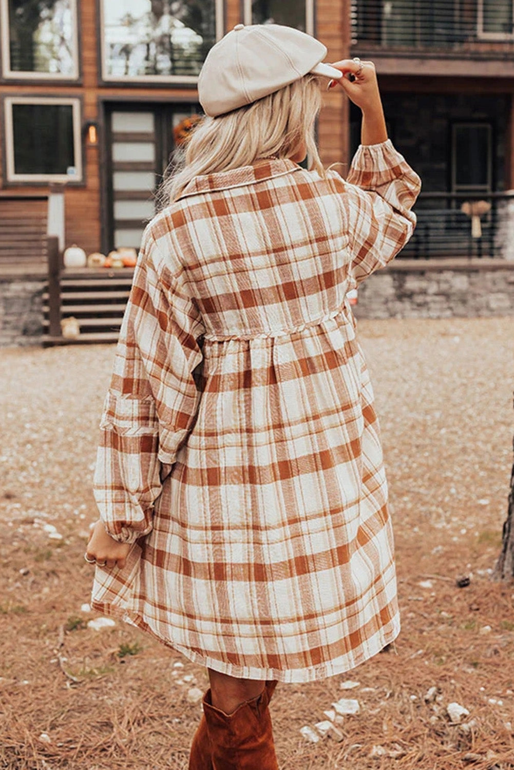 Brown Plaid Frill Babydoll Mini Dress