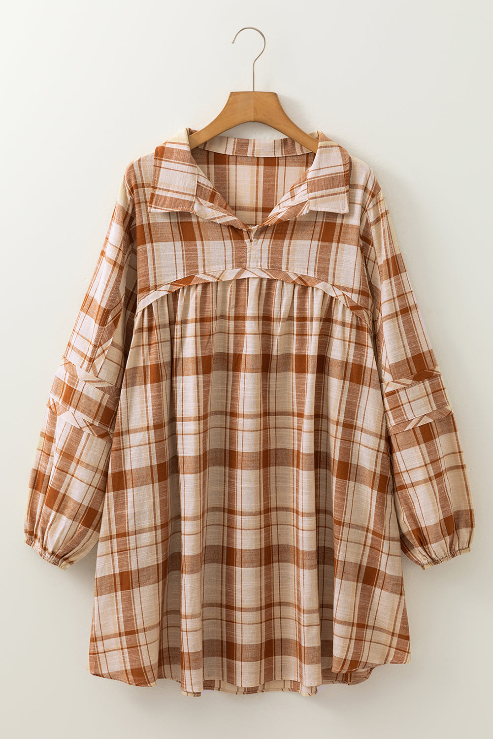 Brown Plaid Frill Babydoll Mini Dress