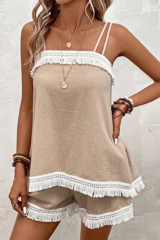 Pale Khaki Fringe Splicing Cami Top and Shorts Set