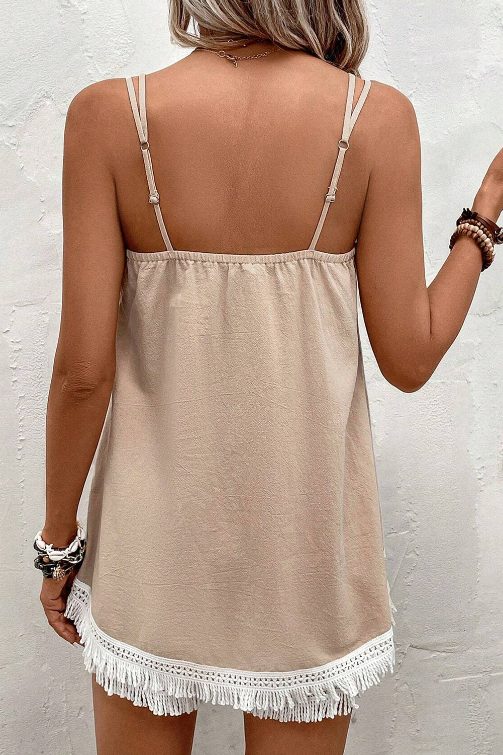 Pale Khaki Fringe Splicing Cami Top and Shorts Set