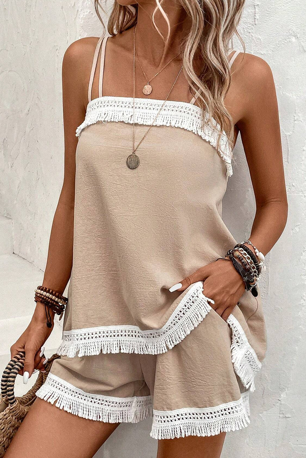 Pale Khaki Fringe Splicing Cami Top and Shorts Set