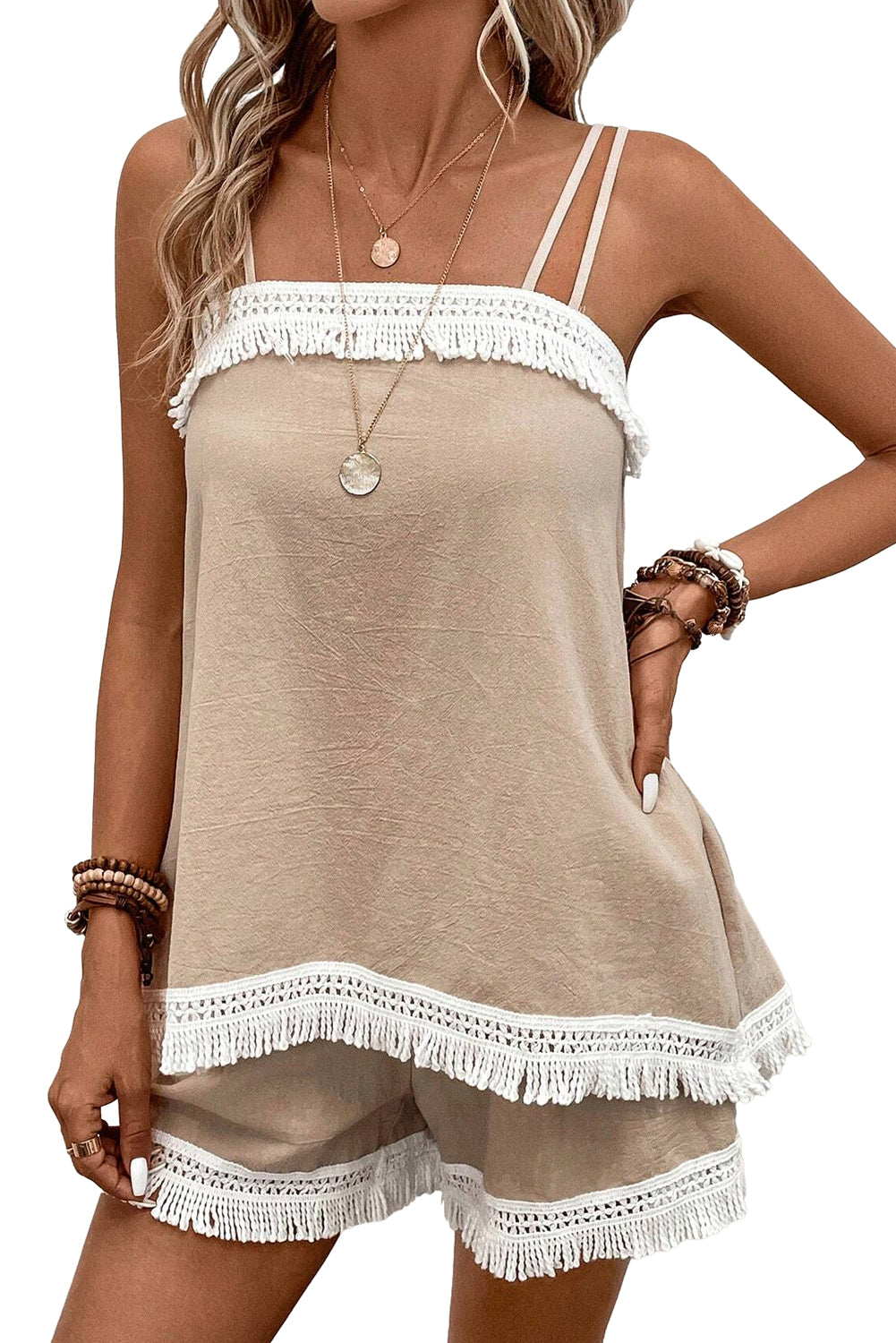 Pale Khaki Fringe Splicing Cami Top and Shorts Set