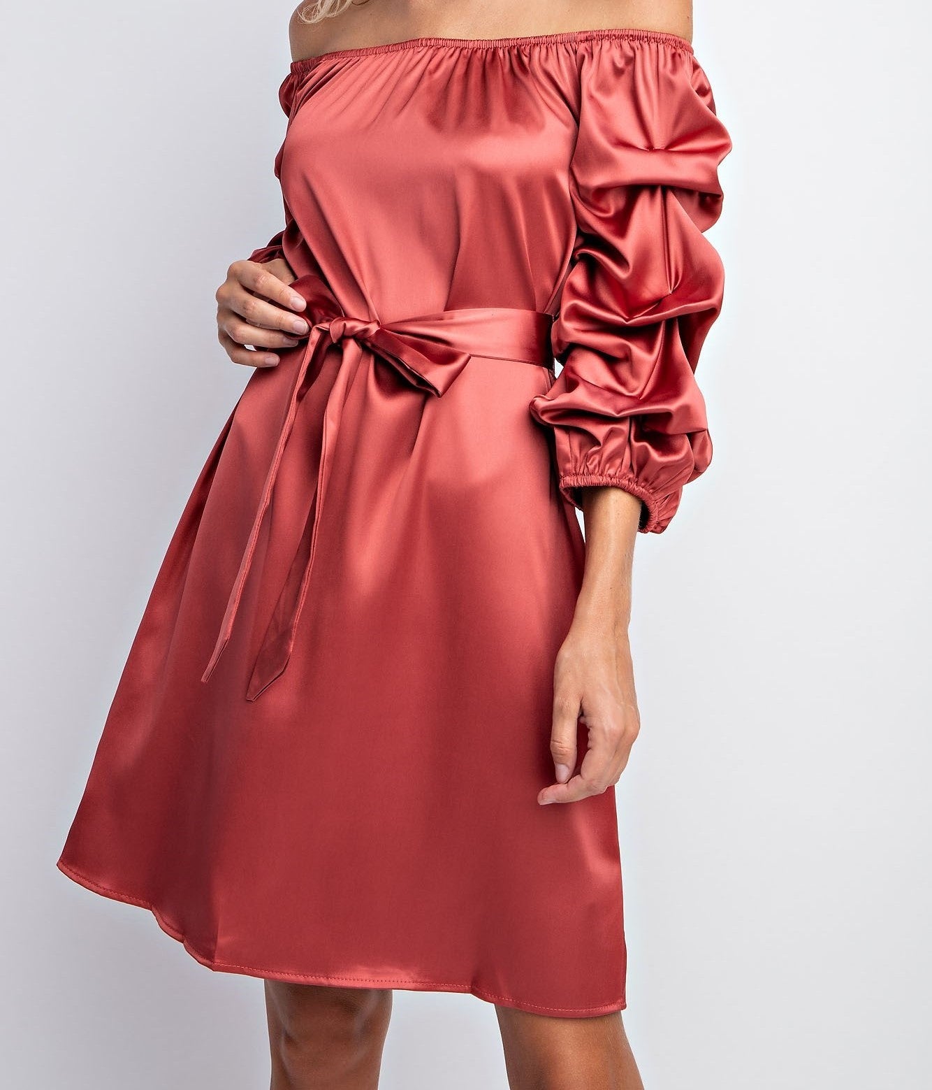 BALLOON SLEEVE SOLID SATIN DRESS