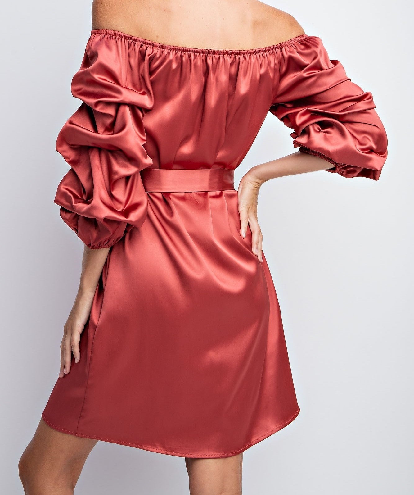 BALLOON SLEEVE SOLID SATIN DRESS