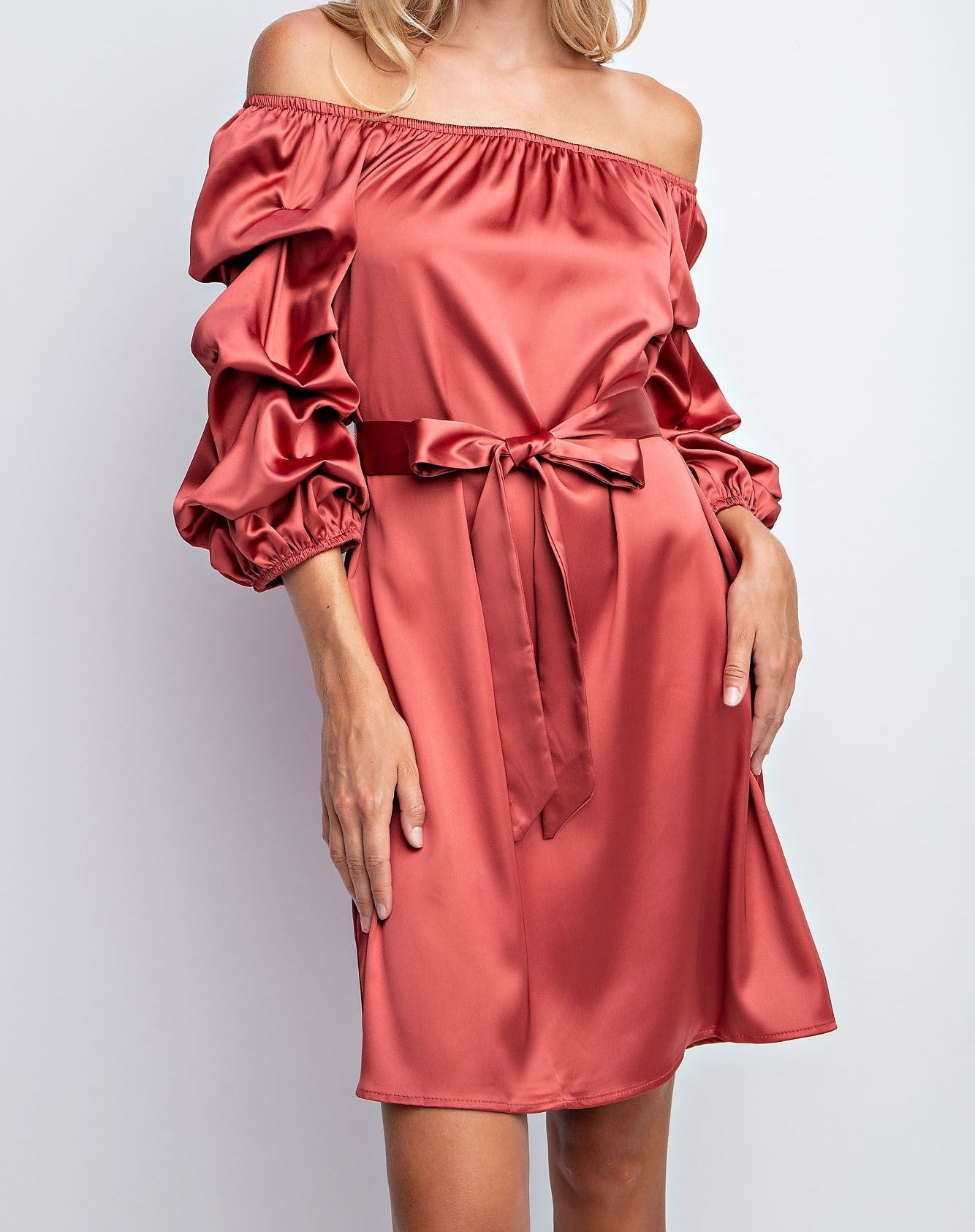 BALLOON SLEEVE SOLID SATIN DRESS