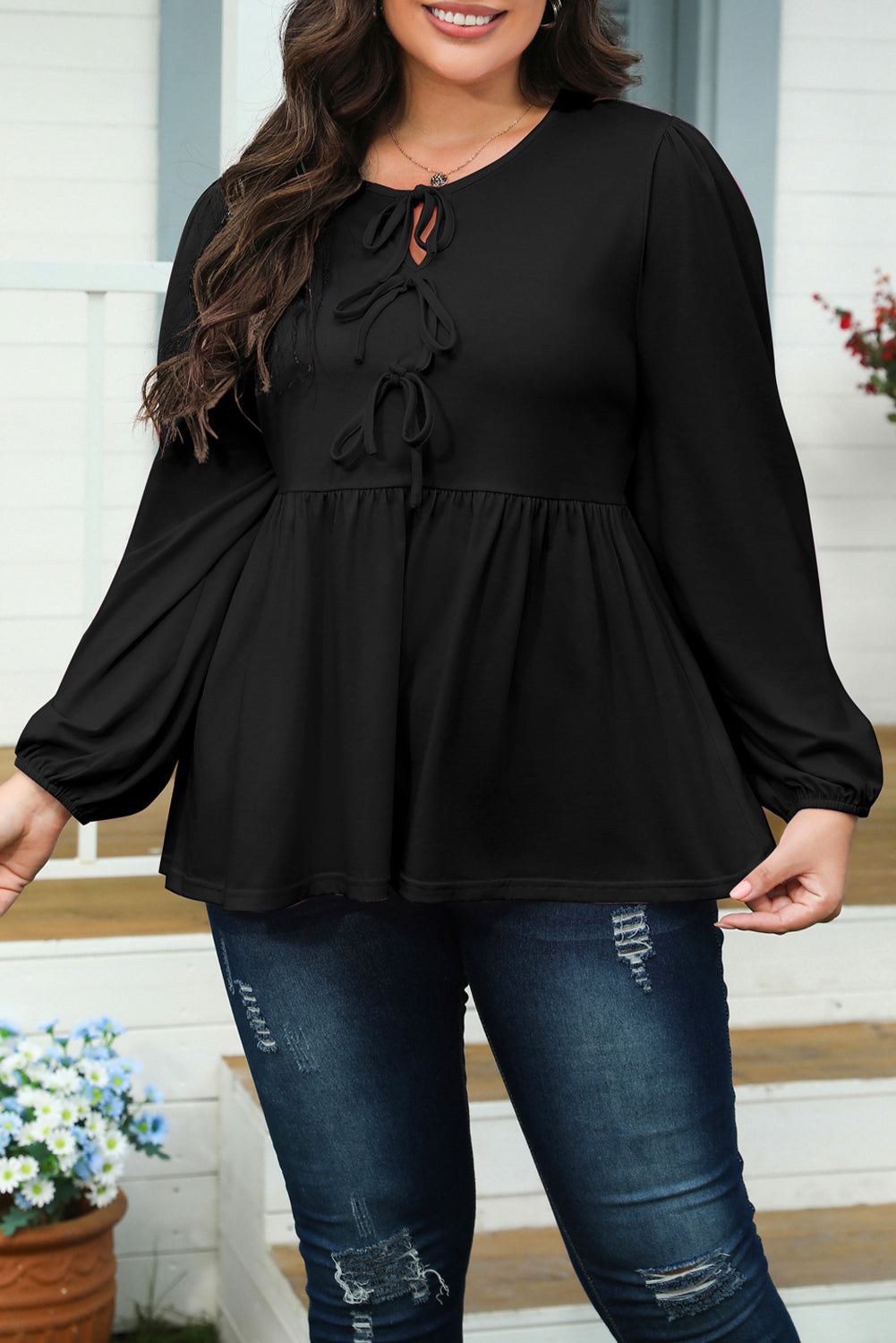 Black Bow Tie Peplum Plus Size Blouse