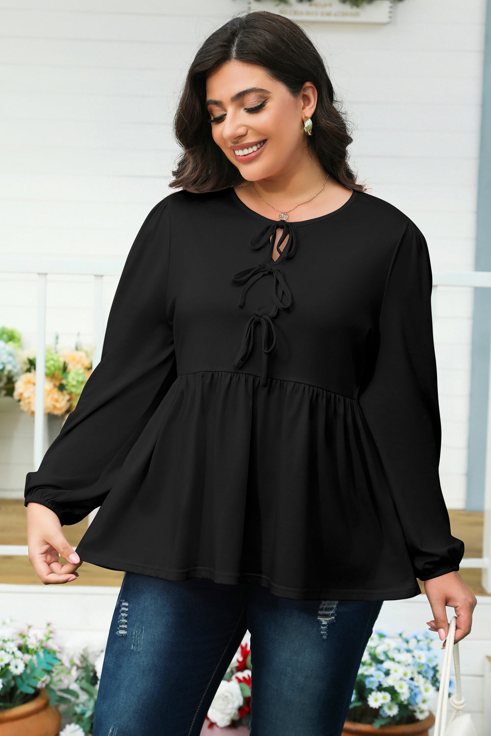 Black Bow Tie Peplum Plus Size Blouse