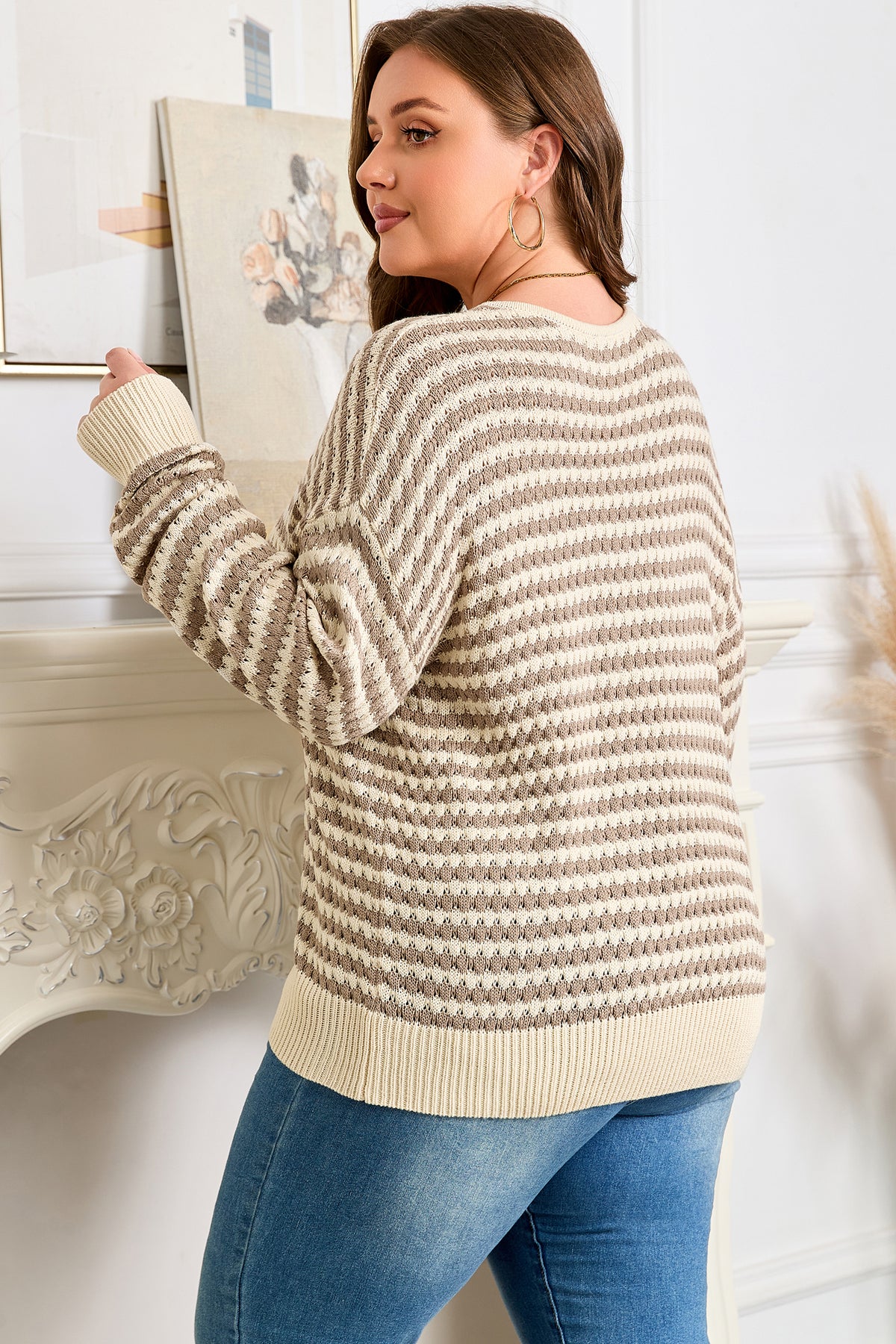 Khaki Stripe V-Neck Plus Size Sweater