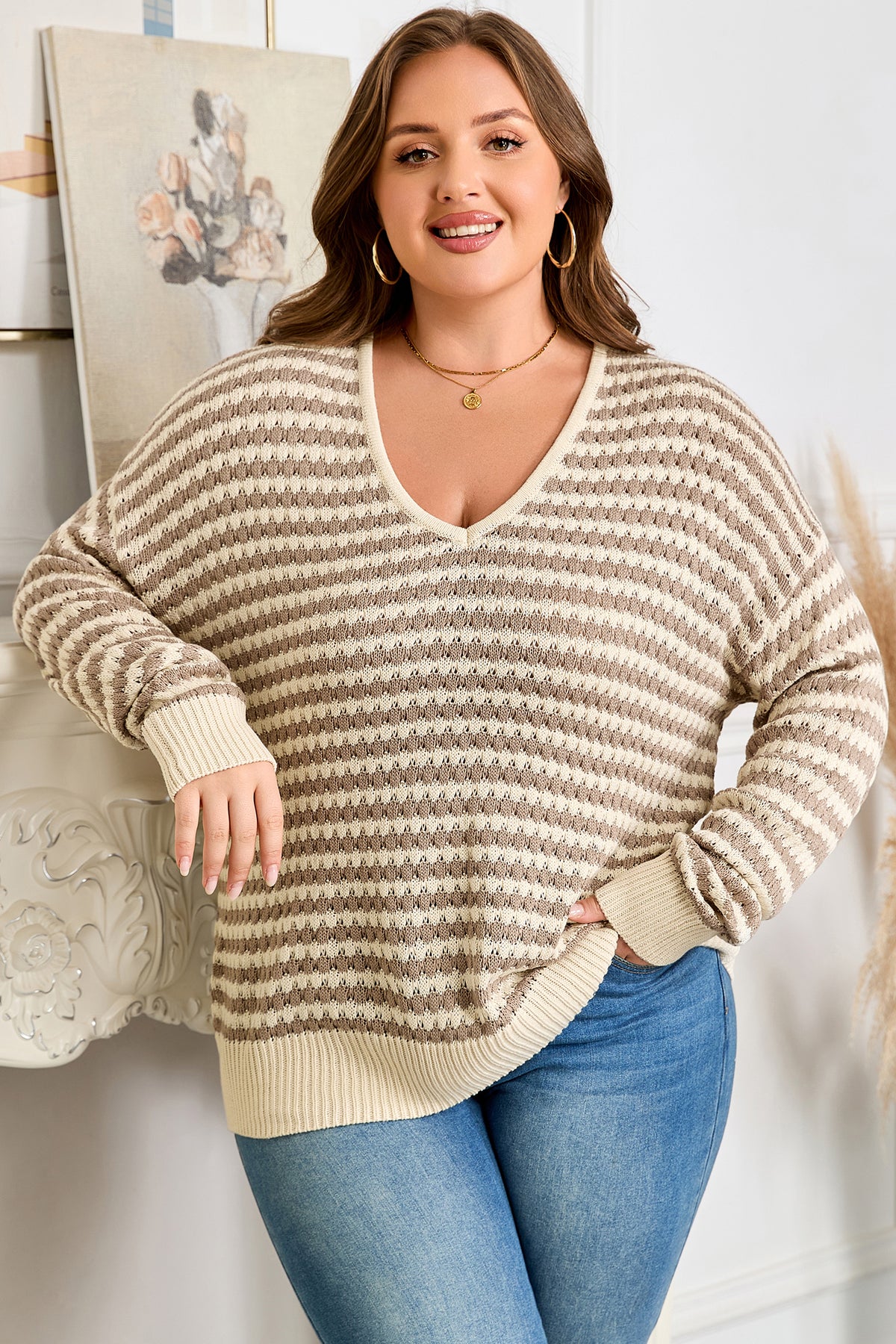 Khaki Stripe V-Neck Plus Size Sweater
