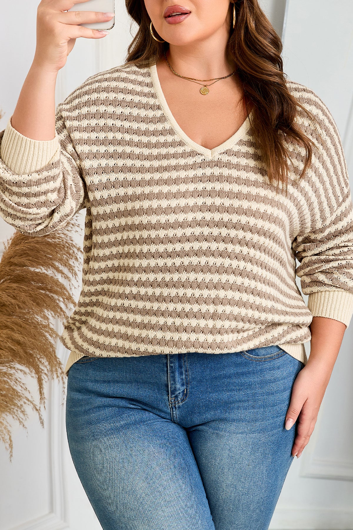 Khaki Stripe V-Neck Plus Size Sweater