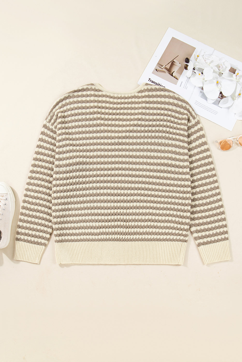 Khaki Stripe V-Neck Plus Size Sweater