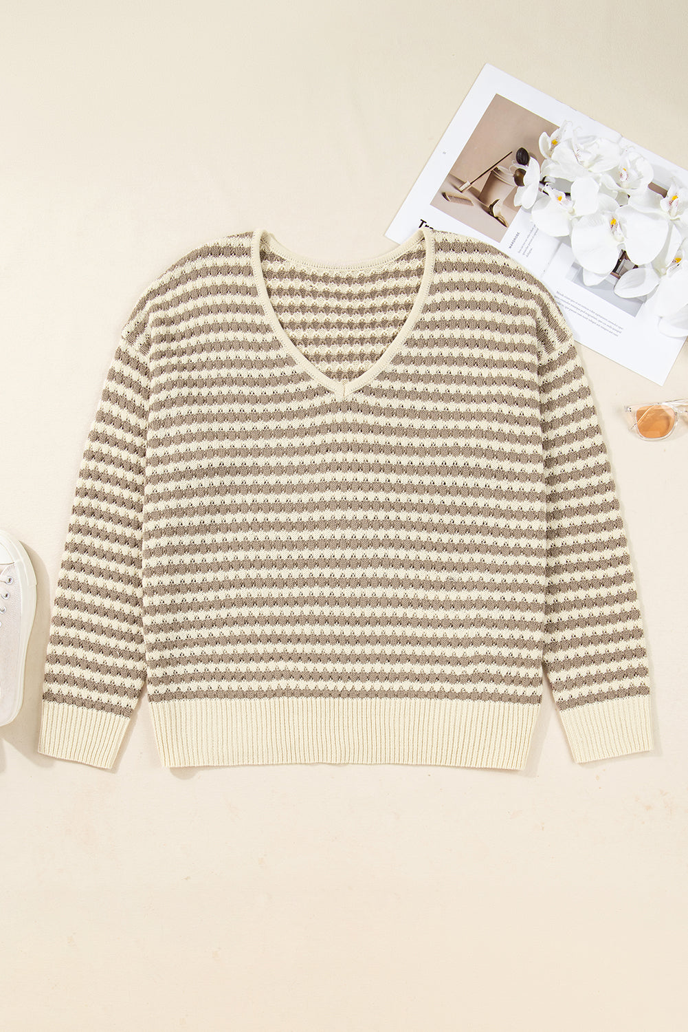 Khaki Stripe V-Neck Plus Size Sweater