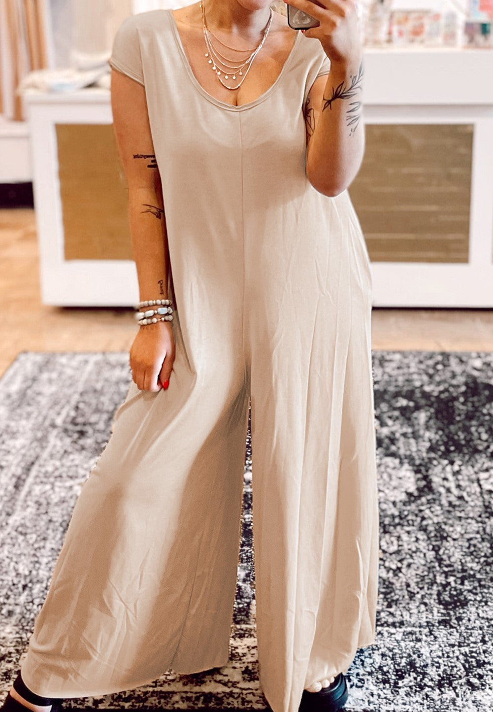 Light French Beige Cap Sleeve Round Neck Curvy Wide Leg Jumpsuit