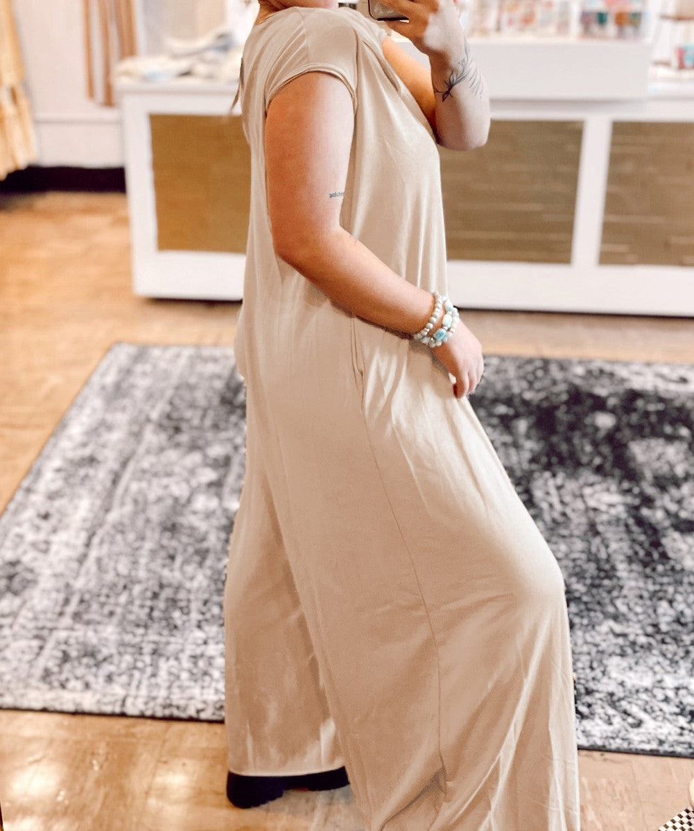 Light French Beige Cap Sleeve Round Neck Curvy Wide Leg Jumpsuit