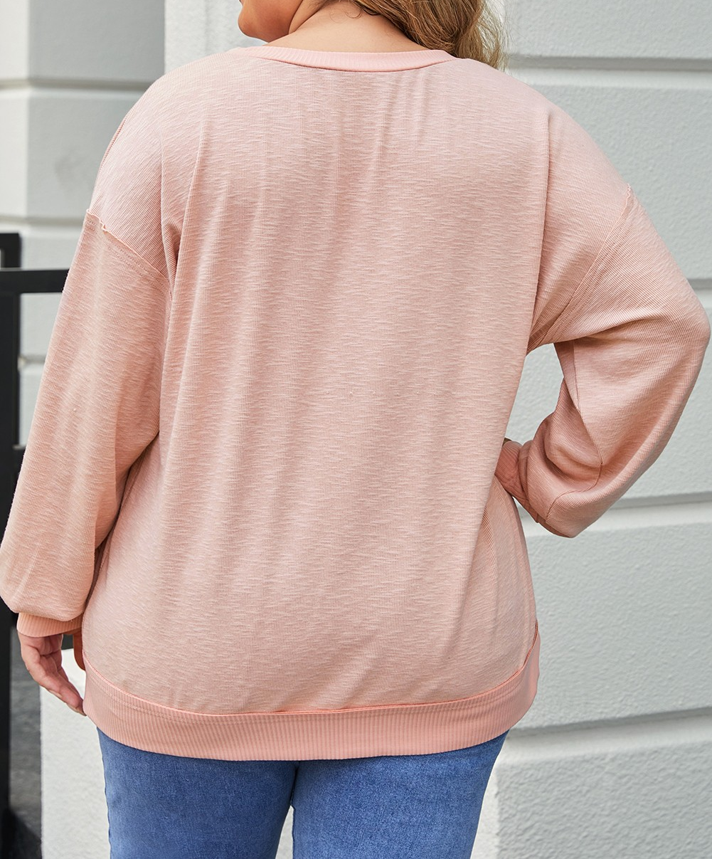 Pink Raw Cut Notched Neck Plus Size French Terry Sweatshirt