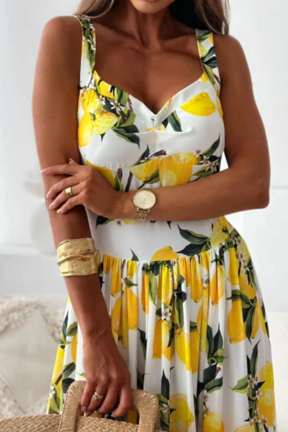 Lemon Print Sweetheart Maxi Dress