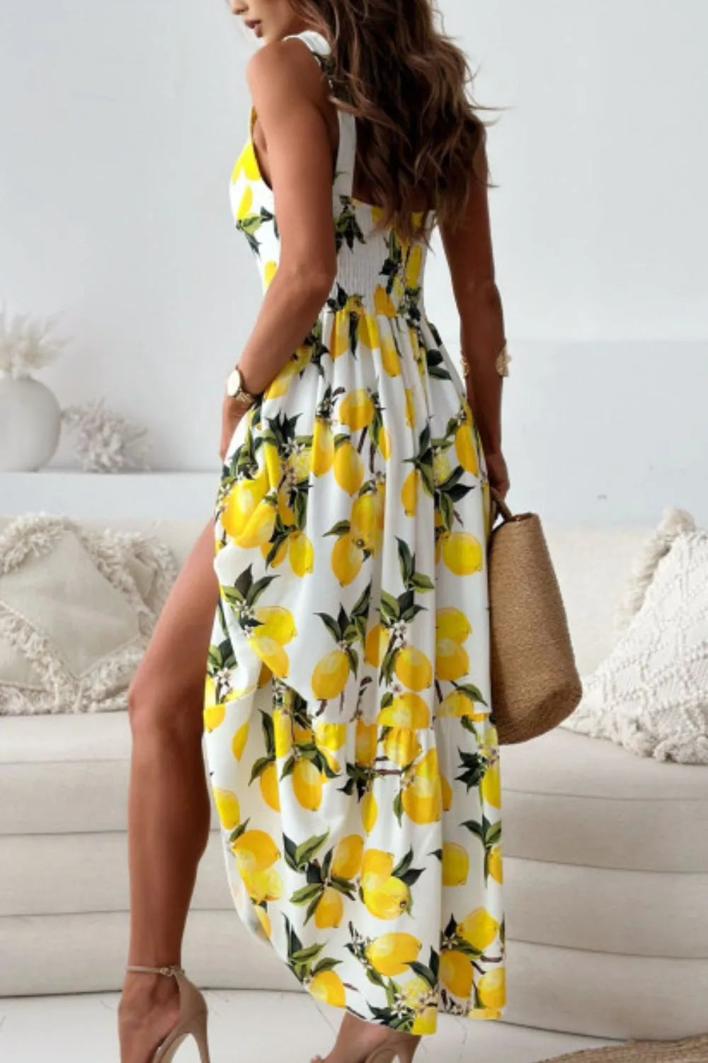 Lemon Print Sweetheart Maxi Dress