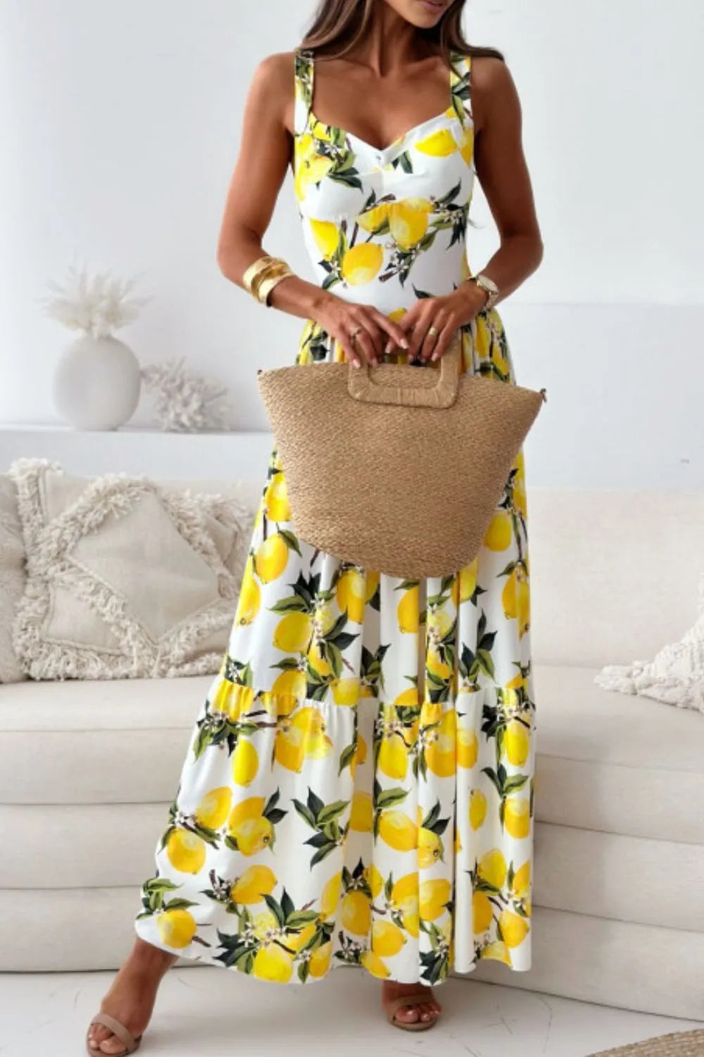 Lemon Print Sweetheart Maxi Dress