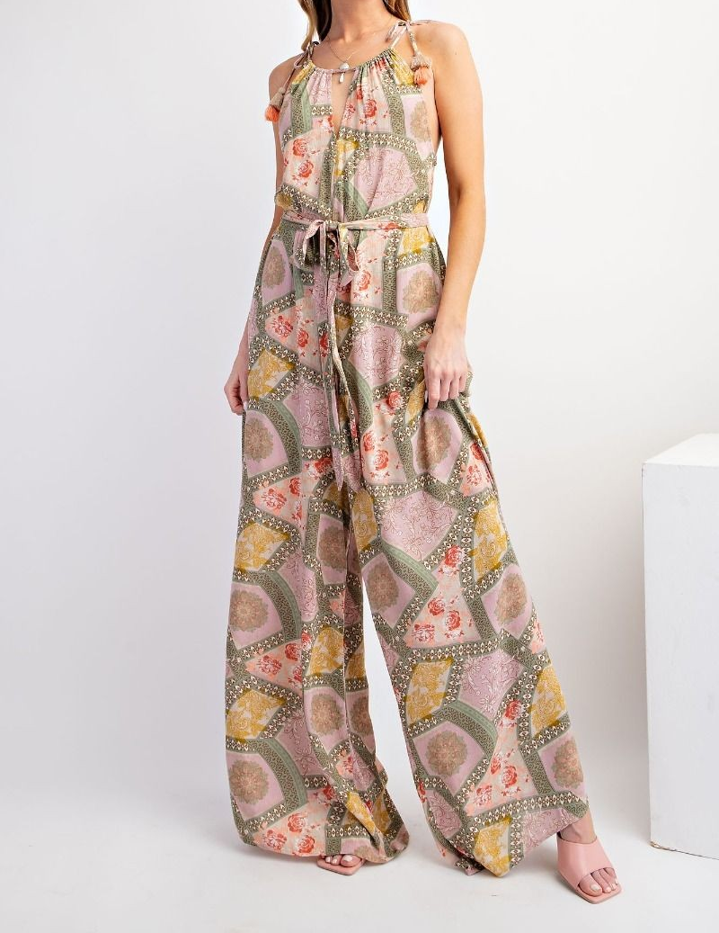 PRINTED RAYON CREPON CAMI JUMPSUITS