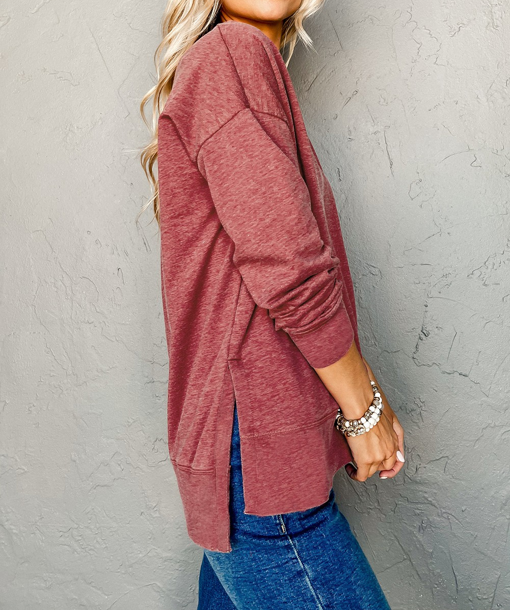 Racing Red Side Slits V Neck Loose Fit Tunic Top