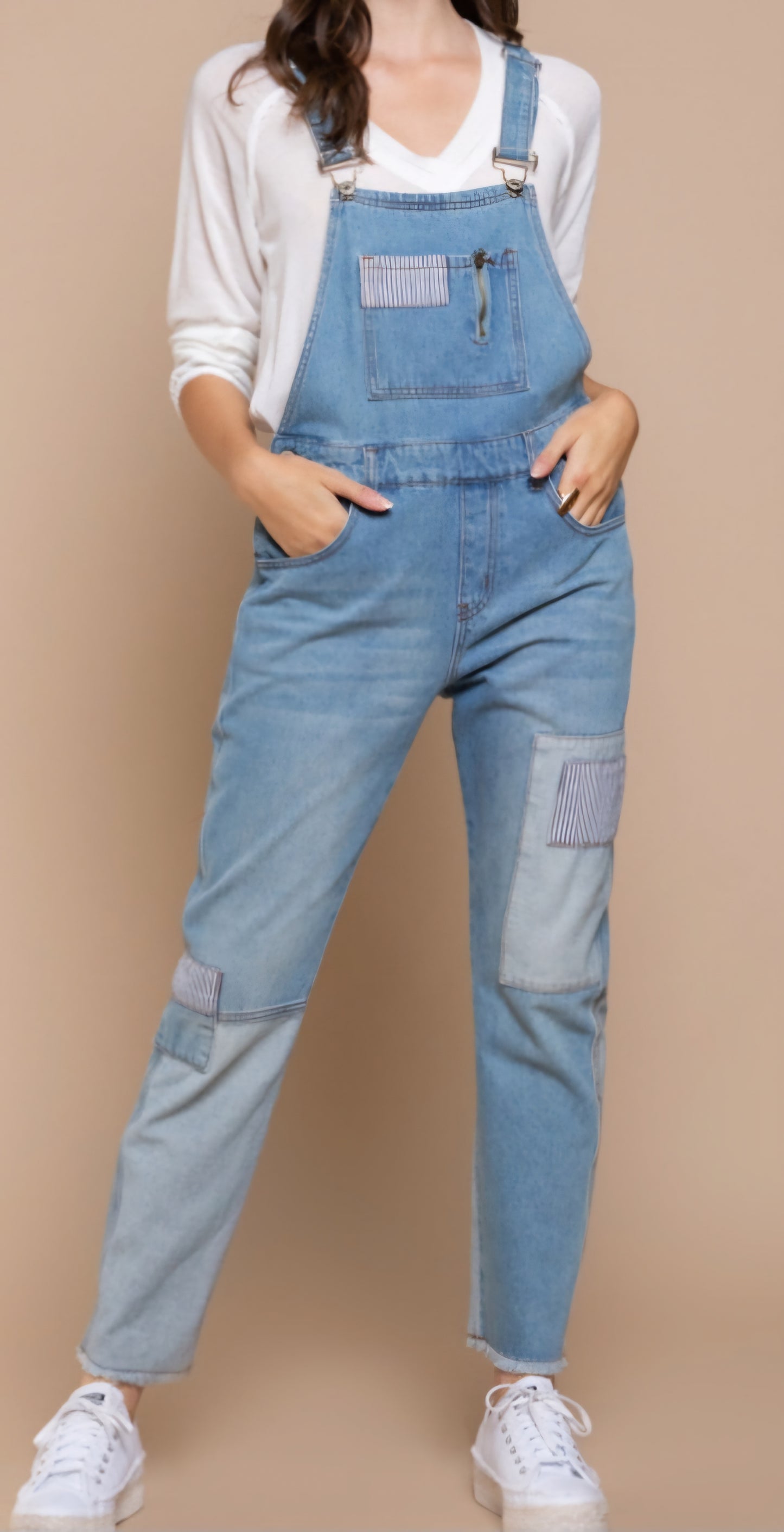 Denim overalls with slim legs detailed with contrast patching