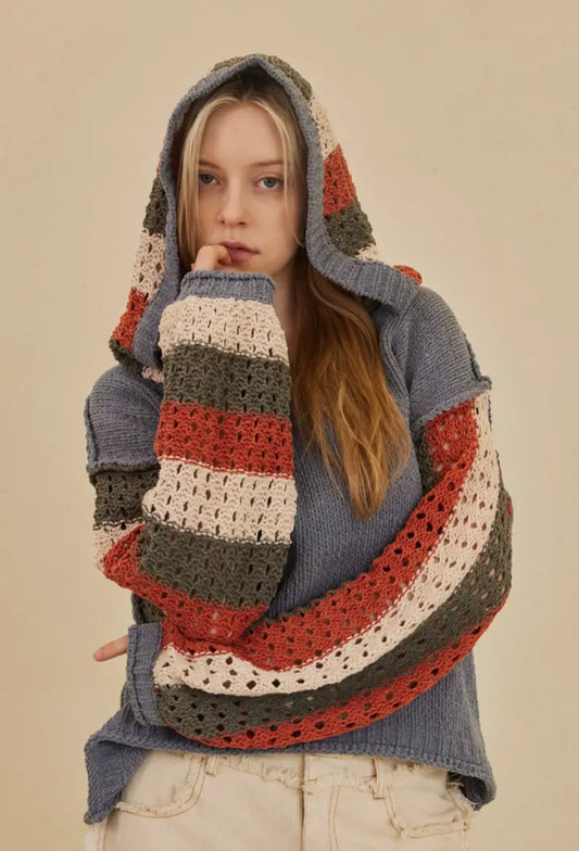 Hooded Stripe Crochet Detailed Sweater